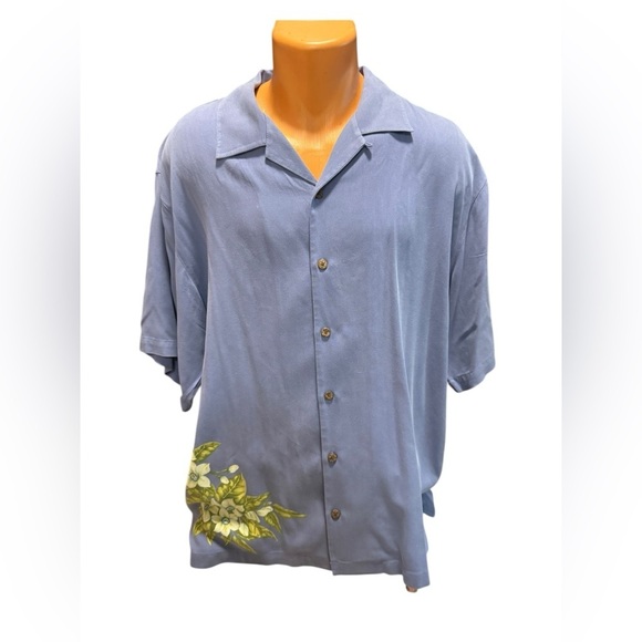 Tommy Bahama Mens 100% Silk Hawaiian Blue Button Down Shirt XL Vacation Tropical - Picture 1 of 14